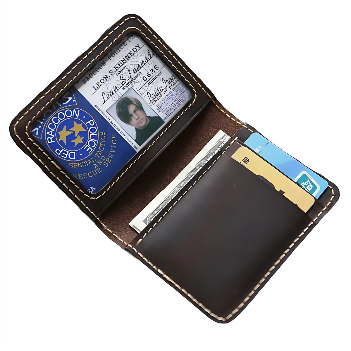 Porta-documentos elegante em couro com compartimentos para cartões e dinheiro.