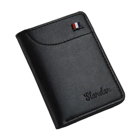 Carteira masculina preta em couro sintético com detalhes elegantes e logotipo Slandor.