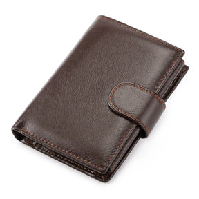 Carteira Masculina em Couro Legítimo com Proteção RFID Fecho Hasp Estilo Vintage Compacta