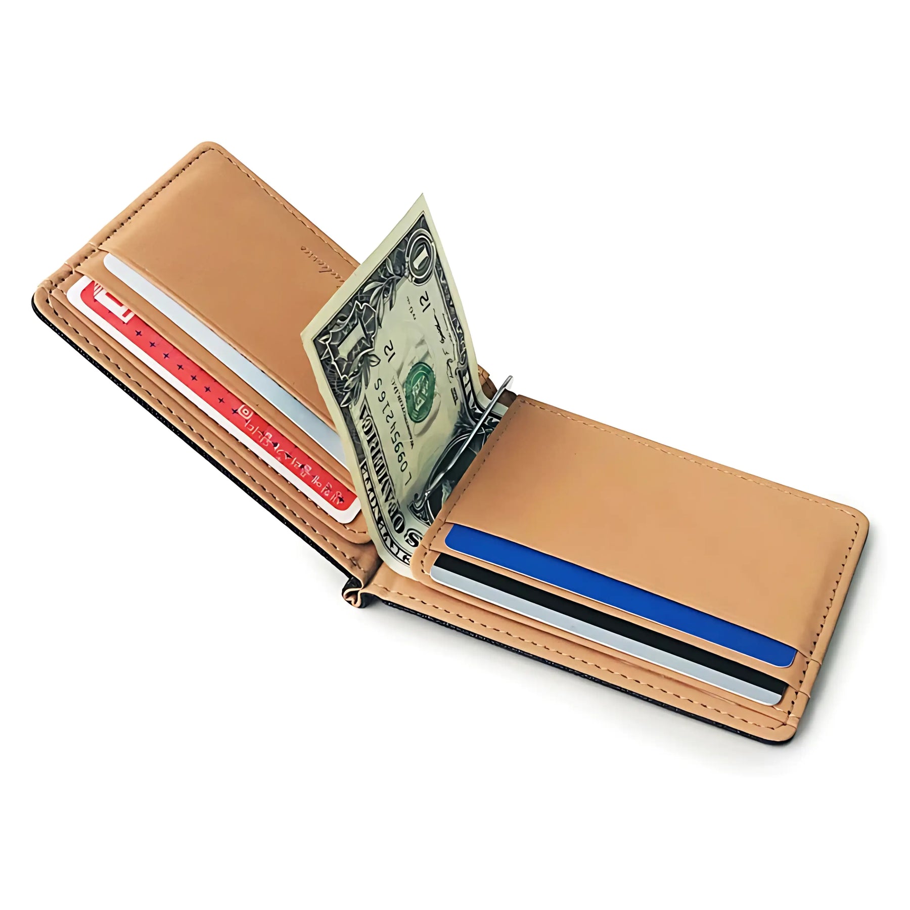 Carteira de couro com cédulas e cartões, ideal para organização e estilo.