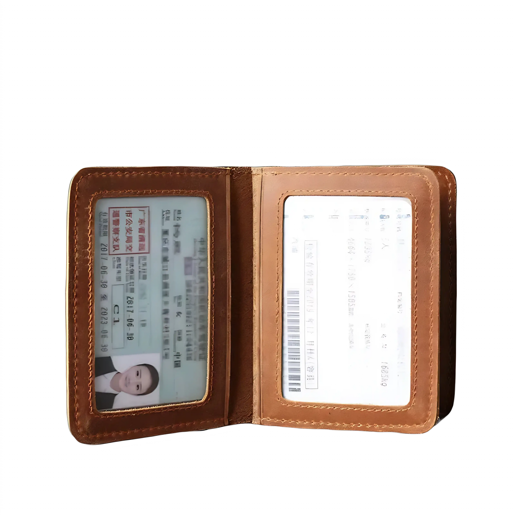 Carteira de couro com dois compartimentos para documentos e identificação.
