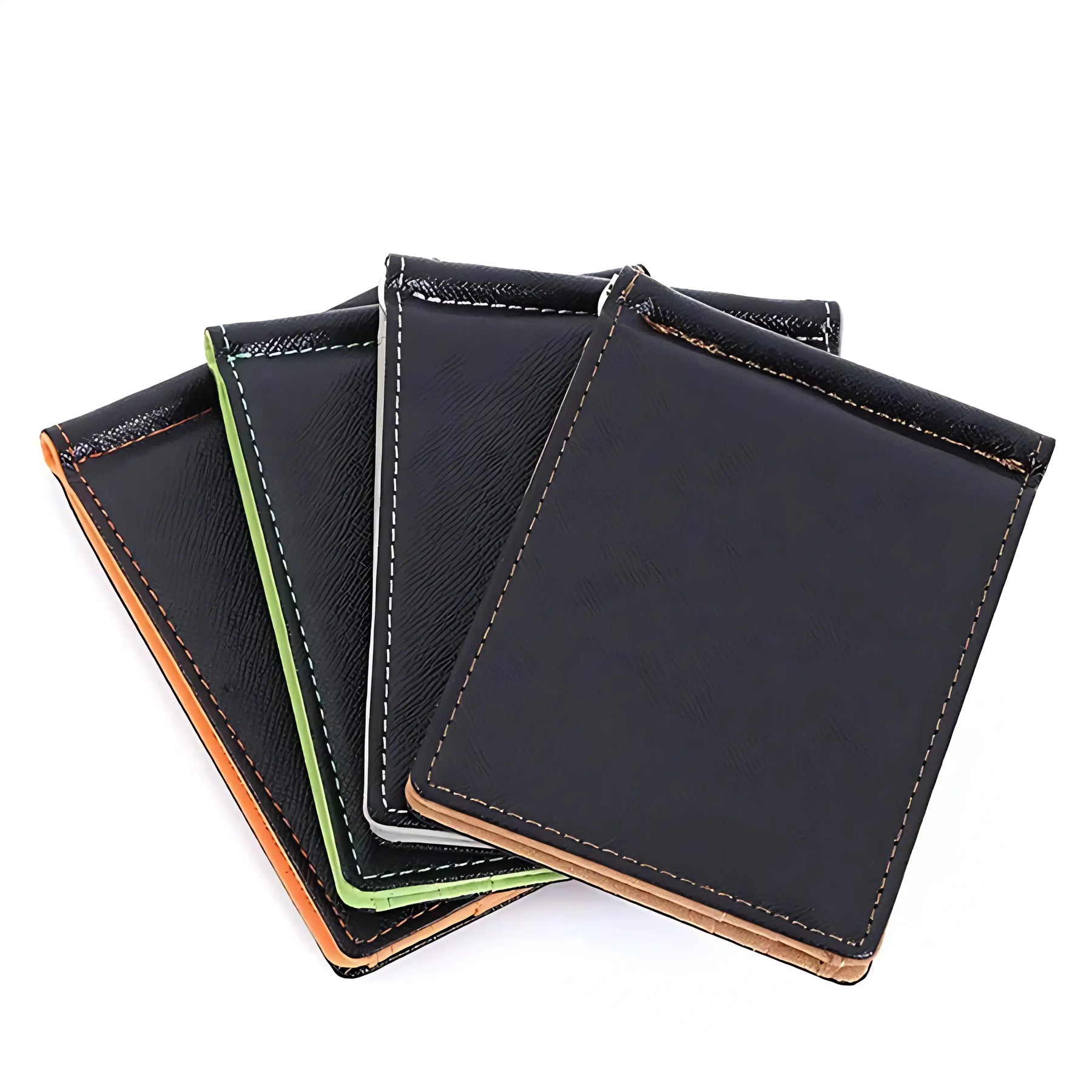Carteiras em couro sintético com costura Corida, variedade de cores.