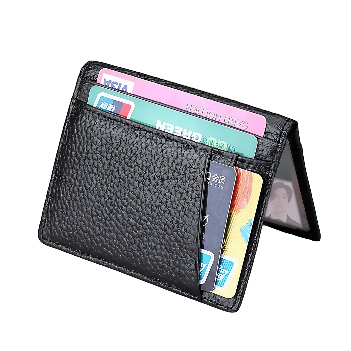Porta-cartões preto em couro com várias cartelas visíveis, ideal para organização.