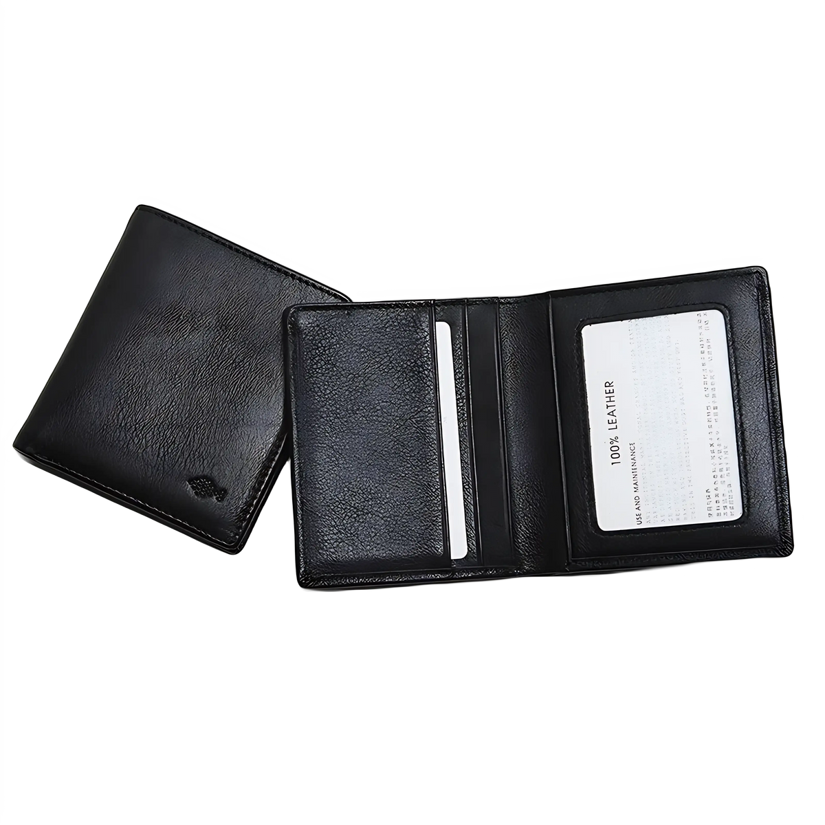 Carteira de couro preta, com compartimentos para cartões e documentos.