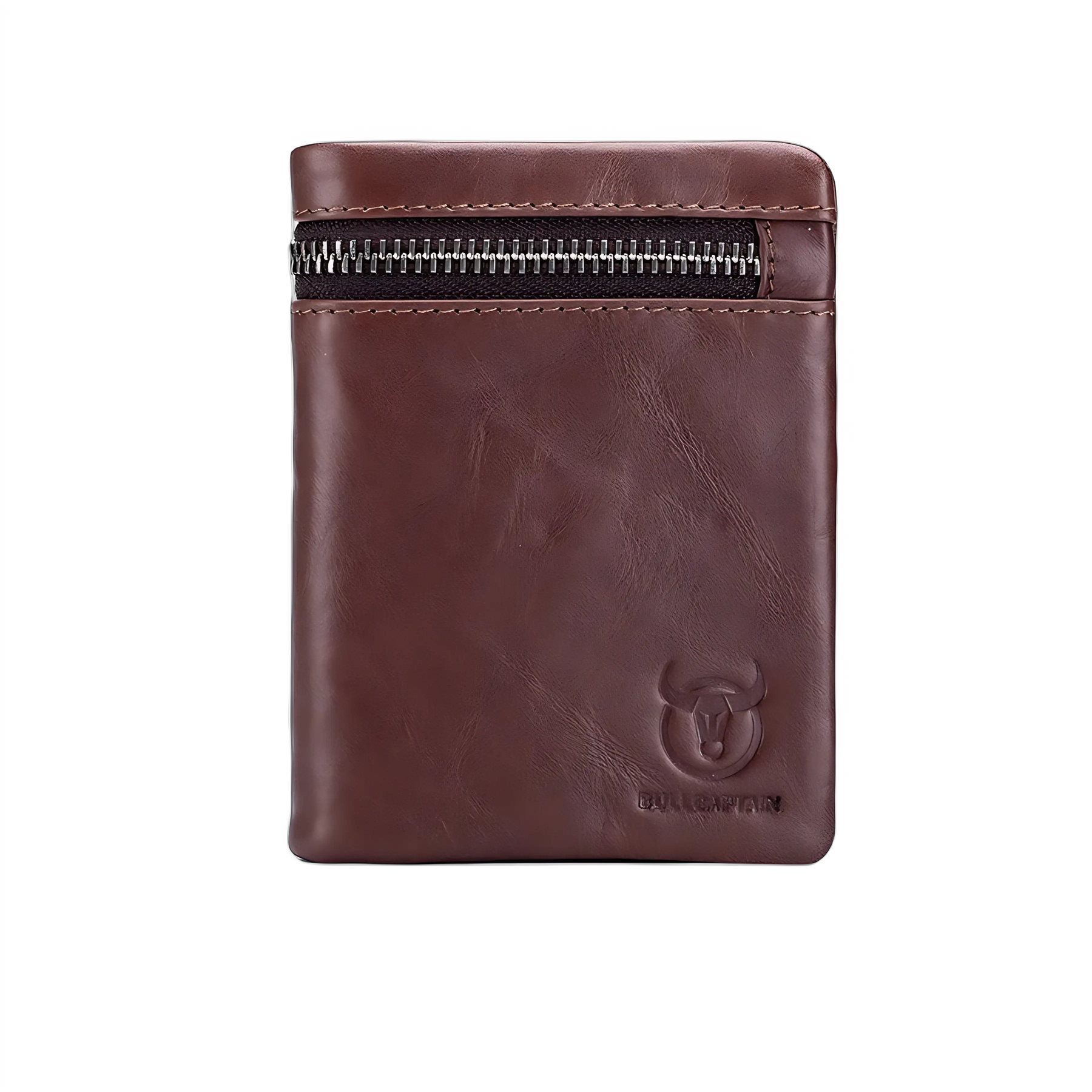Carteira masculina de couro marrom, compacta e com zíper para documentos.