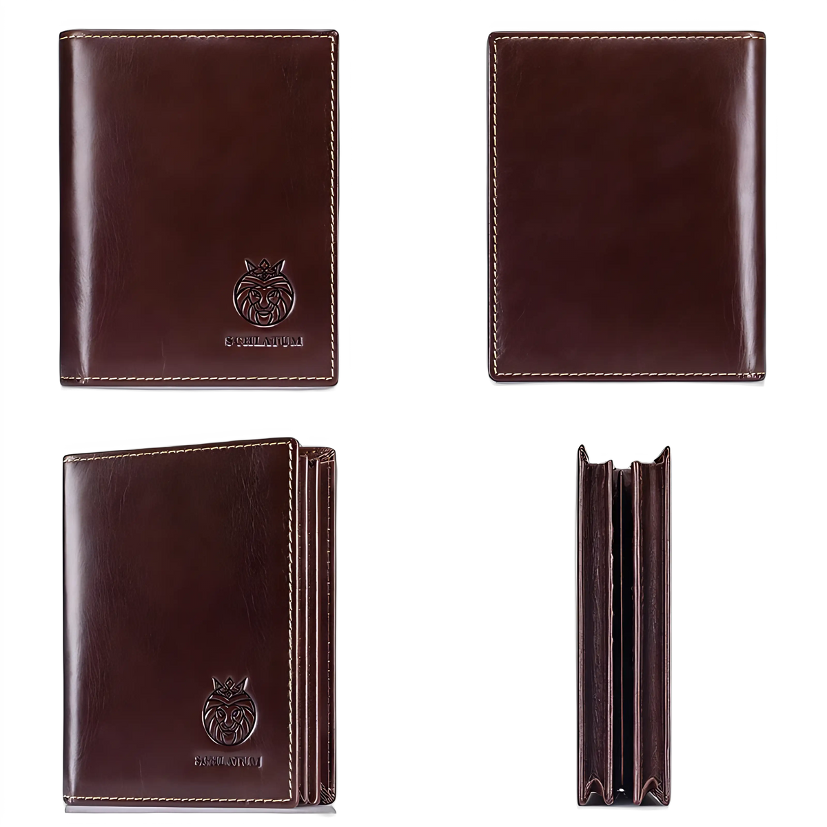 Carteira masculina de couro marrom, design elegante e amplo espaço interno.