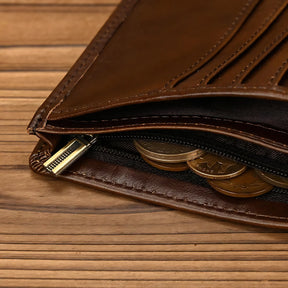 Carteira masculina marrom de couro com divisória para moedas e cartões.