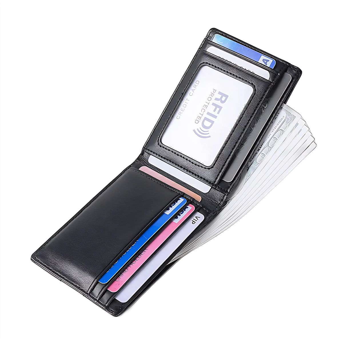 Carteira de couro com proteção RFID e espaço para cartões e cédulas.