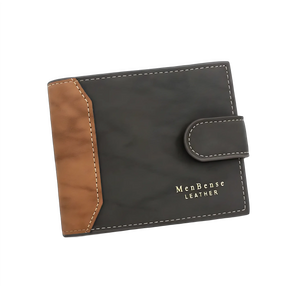 Carteira de couro masculina preta e marrom, design elegante e compacto.