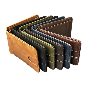 Carteiras em couro em várias cores: marrom, preto, verde, azul e laranja.