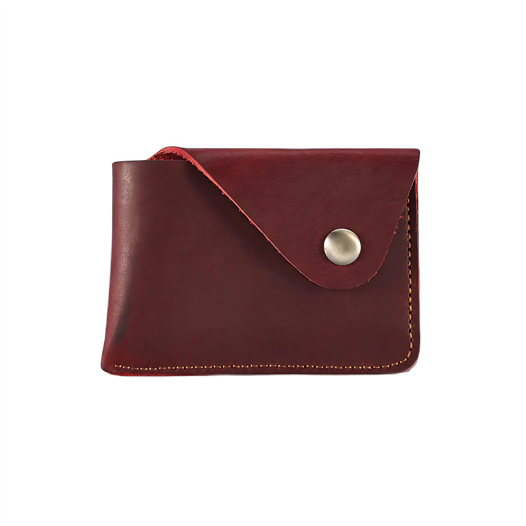 Porta-cartões em couro vermelho com botão, compacto e elegante para uso diário.
