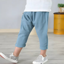 calça infantil masculina linho e algodão na cor azul.