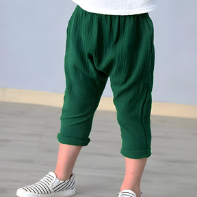 calça infantil masculina linho e algodão na cor verde.