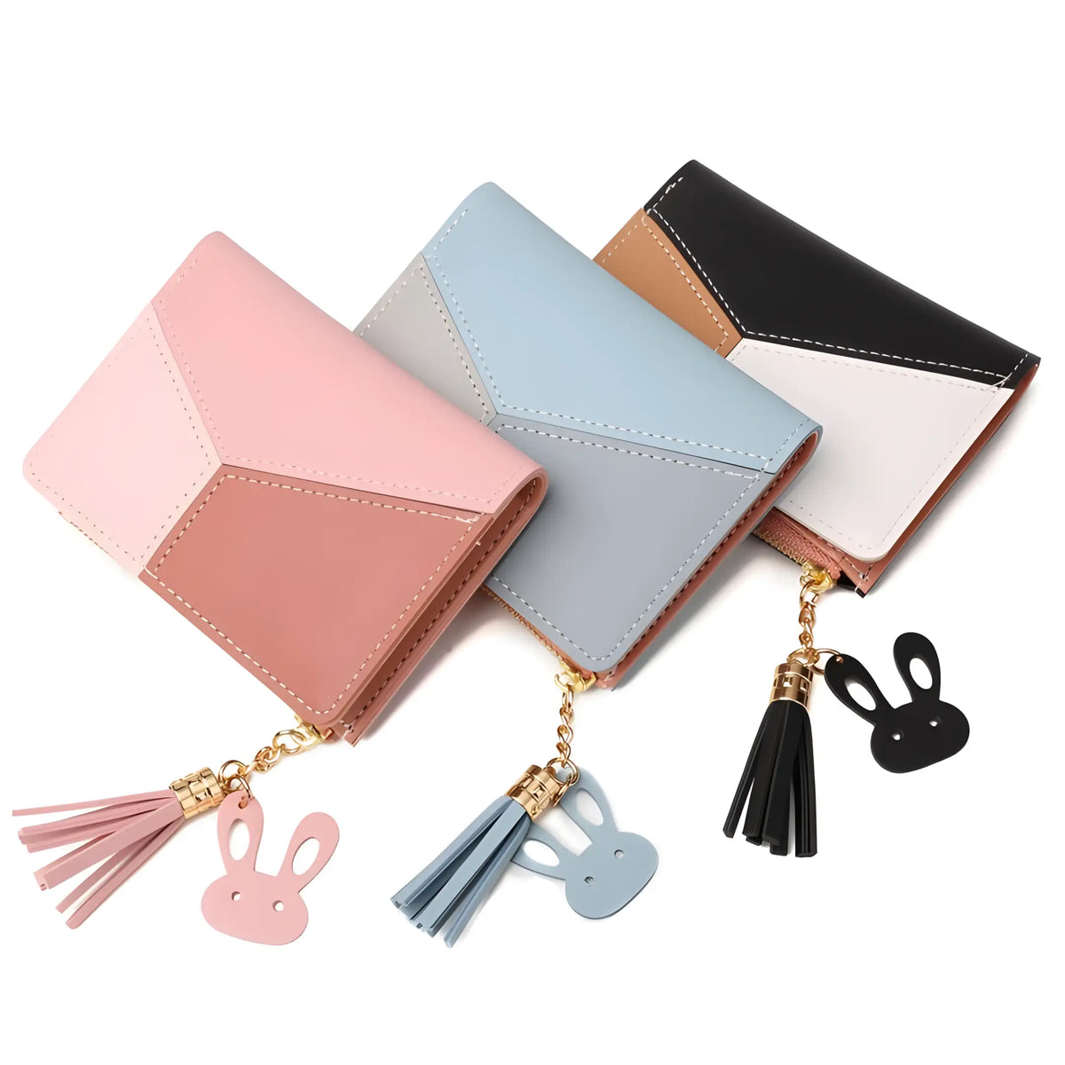 Carteiras femininas em couro pu na cor rosa, azul e preto.