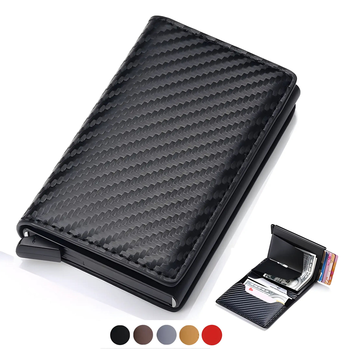 Carteira masculina slim em microfibra, abaixo o mesmo modelo apresentando seu interior.