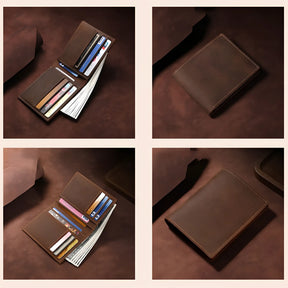 carteira masculina slim em couro modelo horizontal e vertical sendo exibidos lado a lado.