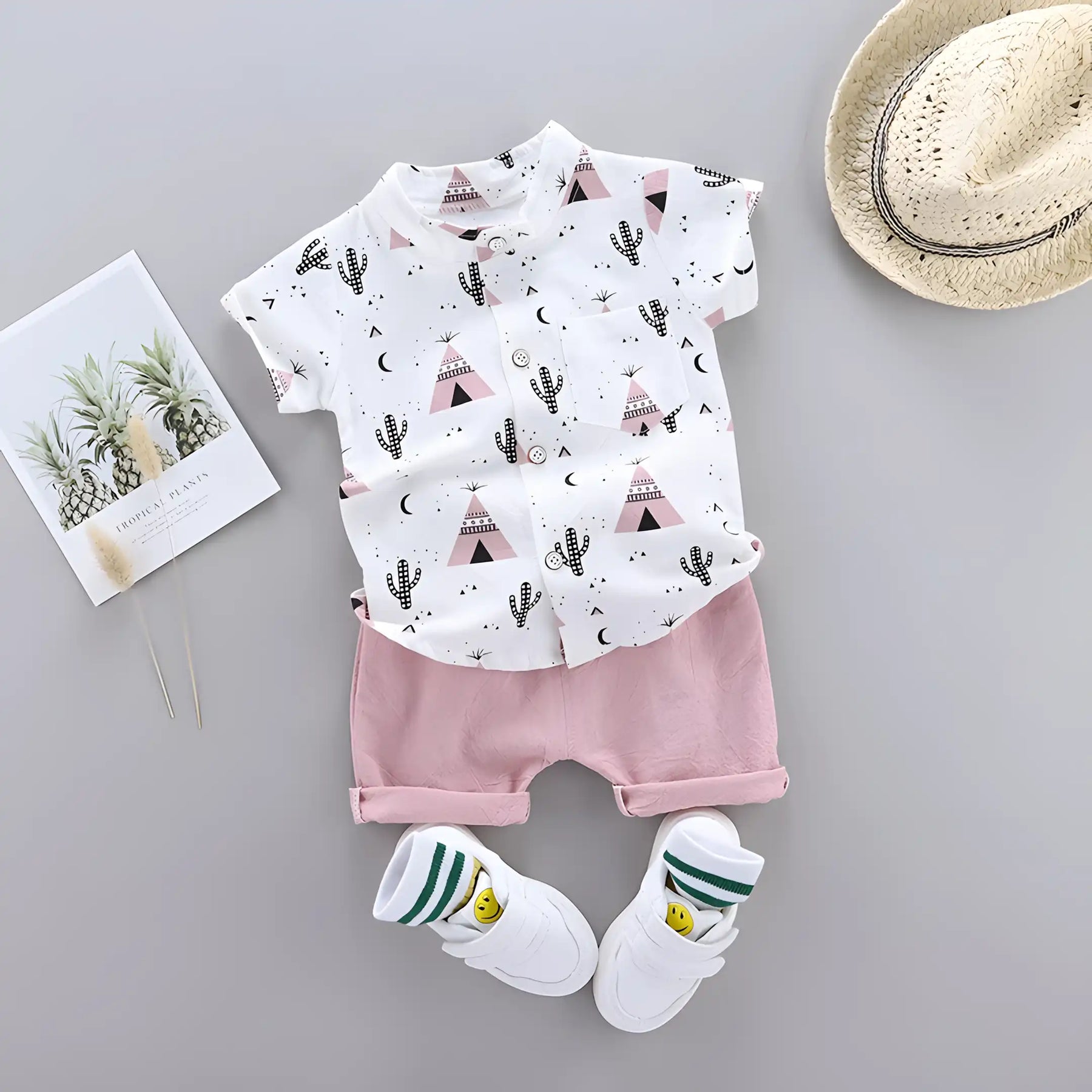 conjunto infantil masculino camisa e short modelo na cor rosa.