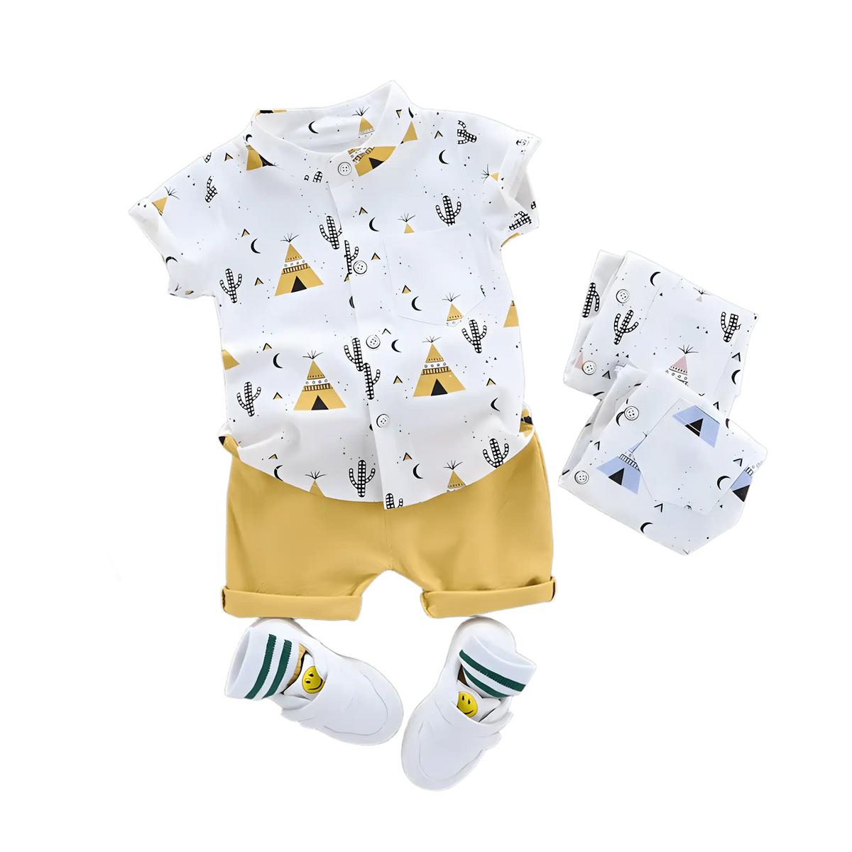 conjunto infantil masculino camisa e short na cor amarelo em um fundo transparente.