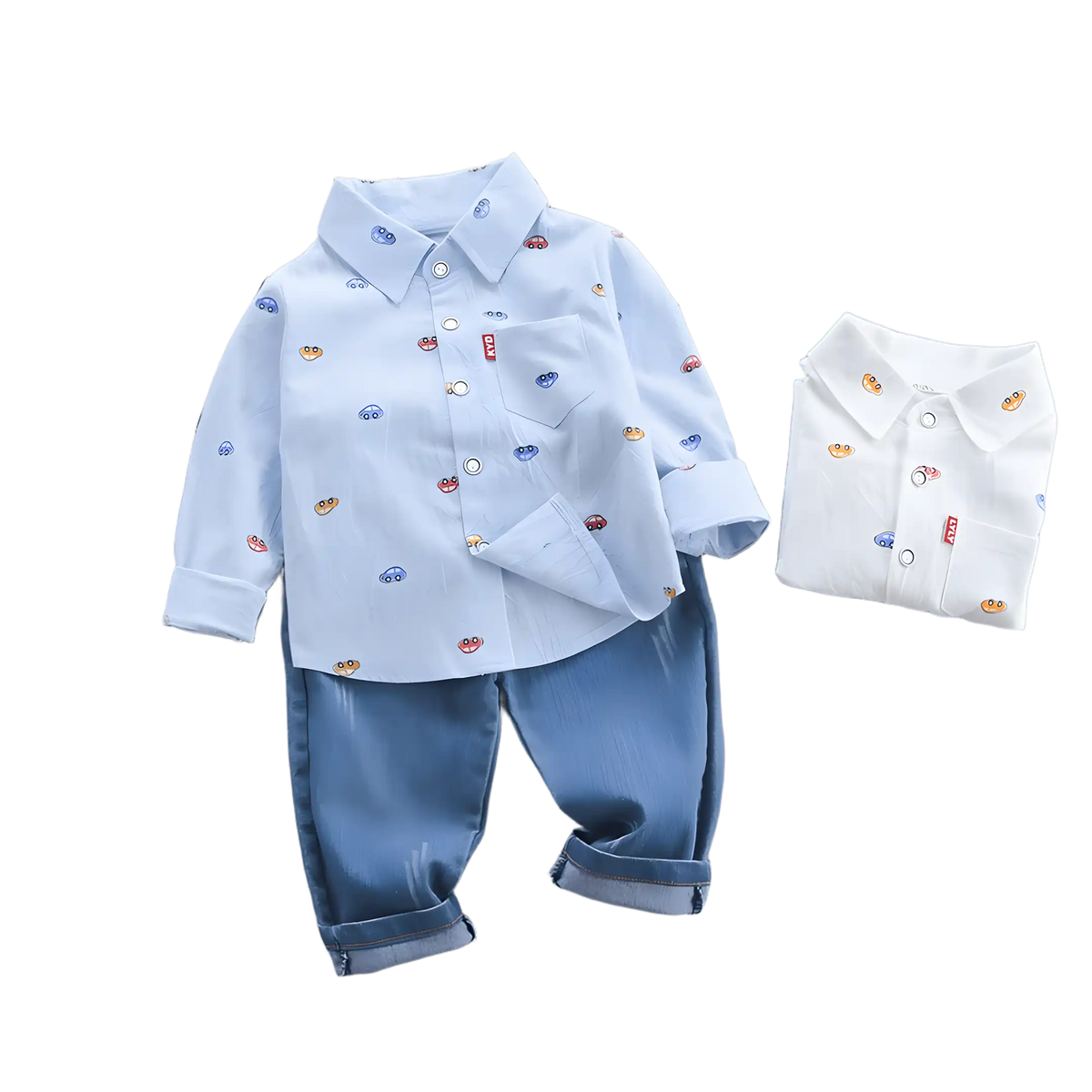 conjunto infantil masculino camisa e calça em um fundo transparente.