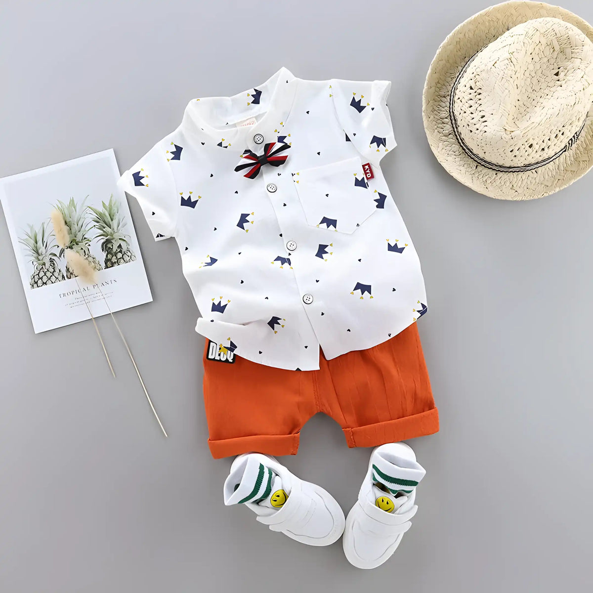 conjunto infantil masculino camisa e short modelo coroa na cor branco.