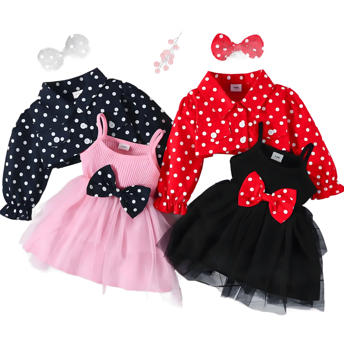 Conjunto infantil menina jaqueta e vestido na cor vermelho e rosa em um fundo transparente.