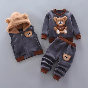 Conjunto moletom infantil unissex com blusa, calça e colete na cor cinza.