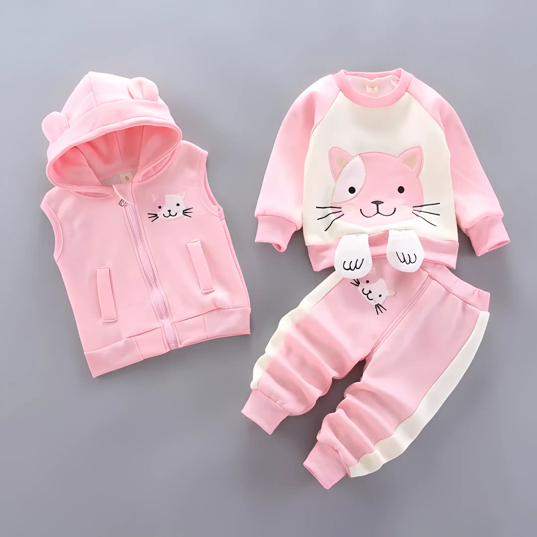 Conjunto moletom infantil unissex com blusa, calça e colete na cor rosa-02.