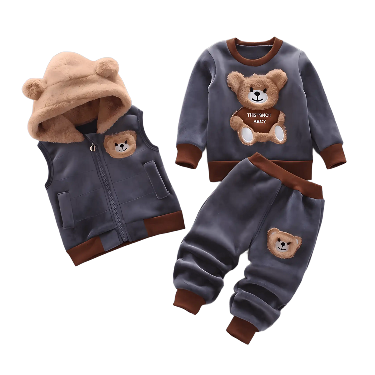 Conjunto moletom infantil unissex com blusa, calça e colete na cor cinza em um fundo branco.