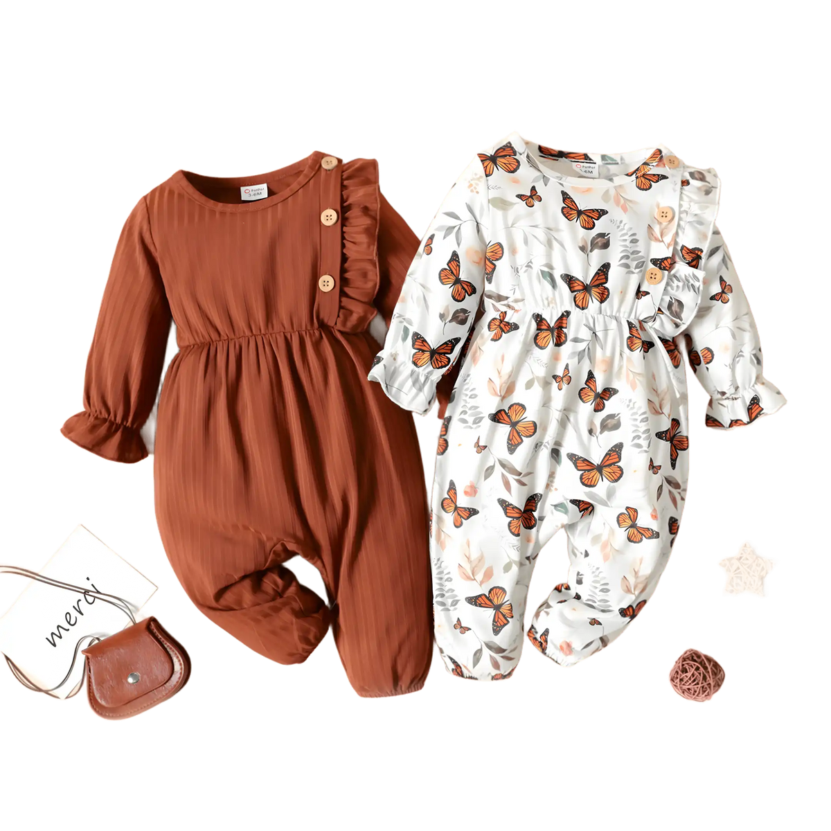 Macacão infantil feminino bebê menina na cor marrom e cor branco, lado a lado.