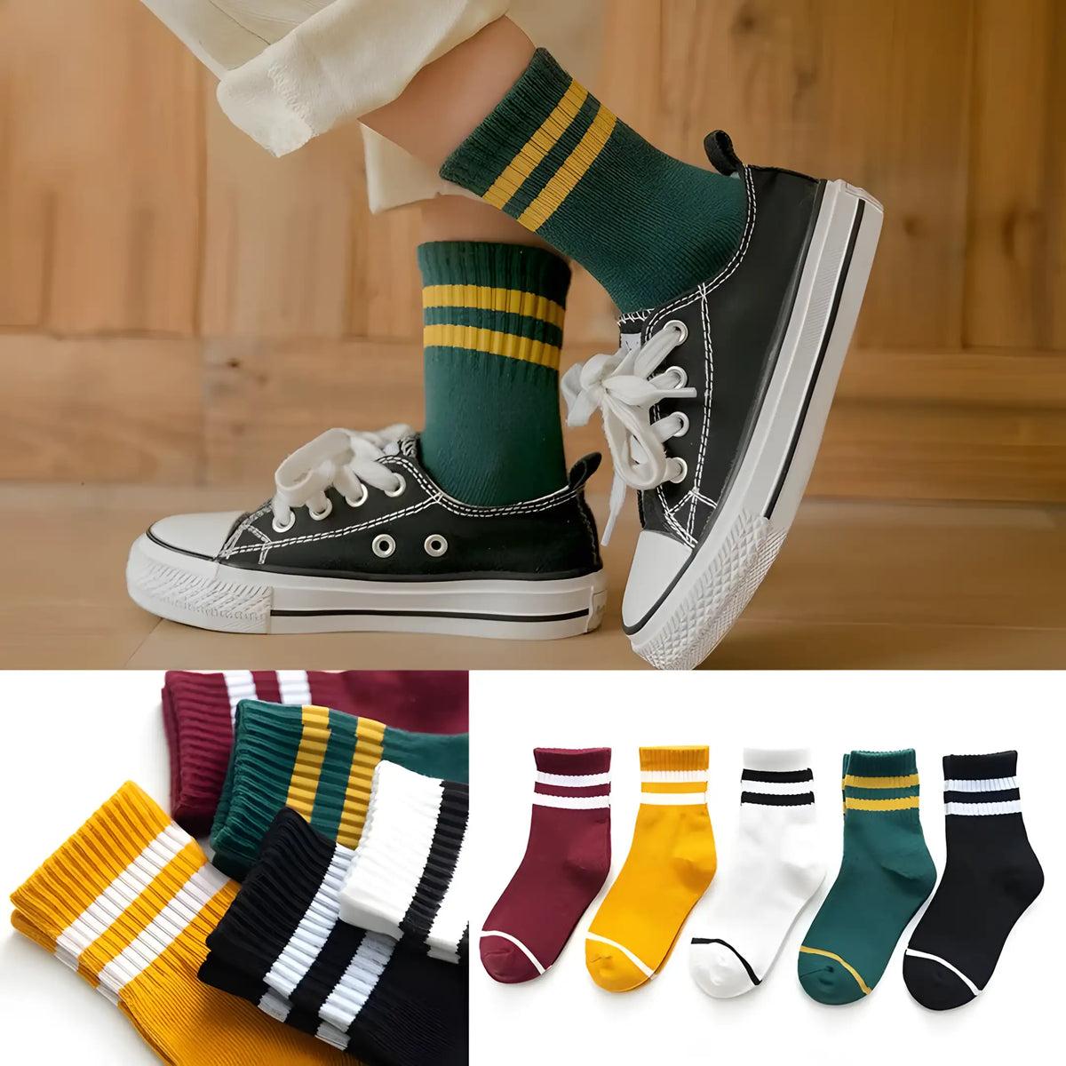 criança usando a meia infantil cano médio na cor verde, abaixo todos os modelos disponíveis.