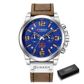 Relógio masculino estilo militar modelo de cor prata e azul.