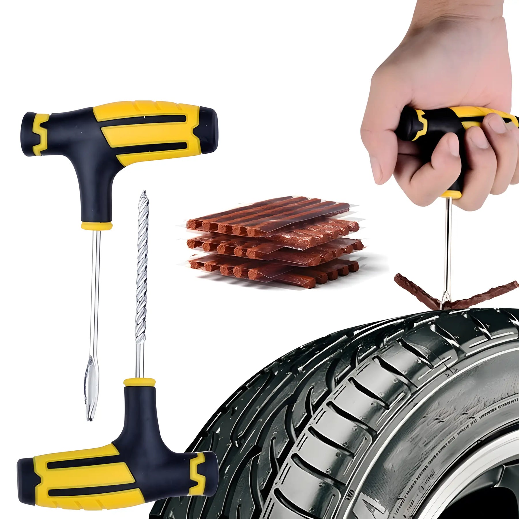 demonstração do uso do kit de reparo de pneu.
