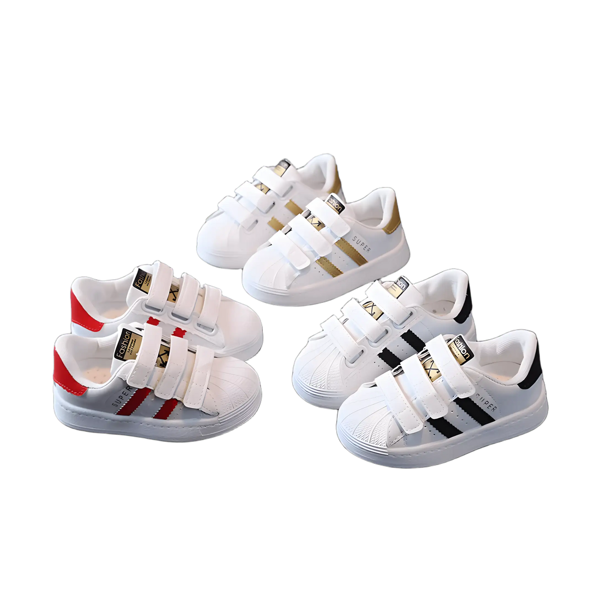 Tênis infantil masculino apresentado em seus três modelos de cores, branco e preto, branco e dourado e branco e vermelho.