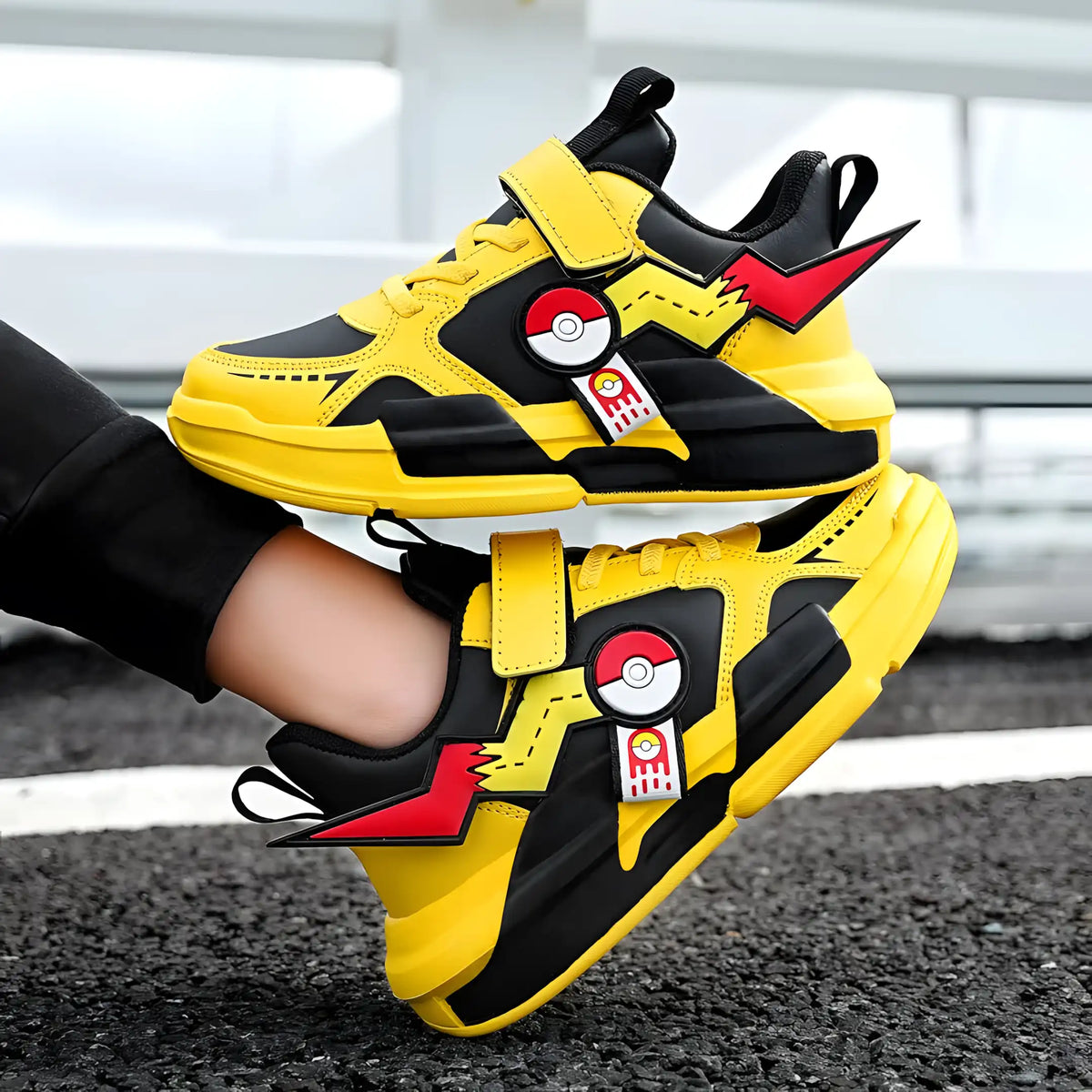 Tênis Infantil Masculino Pokémon Pikachu sendo usado por uma criança.